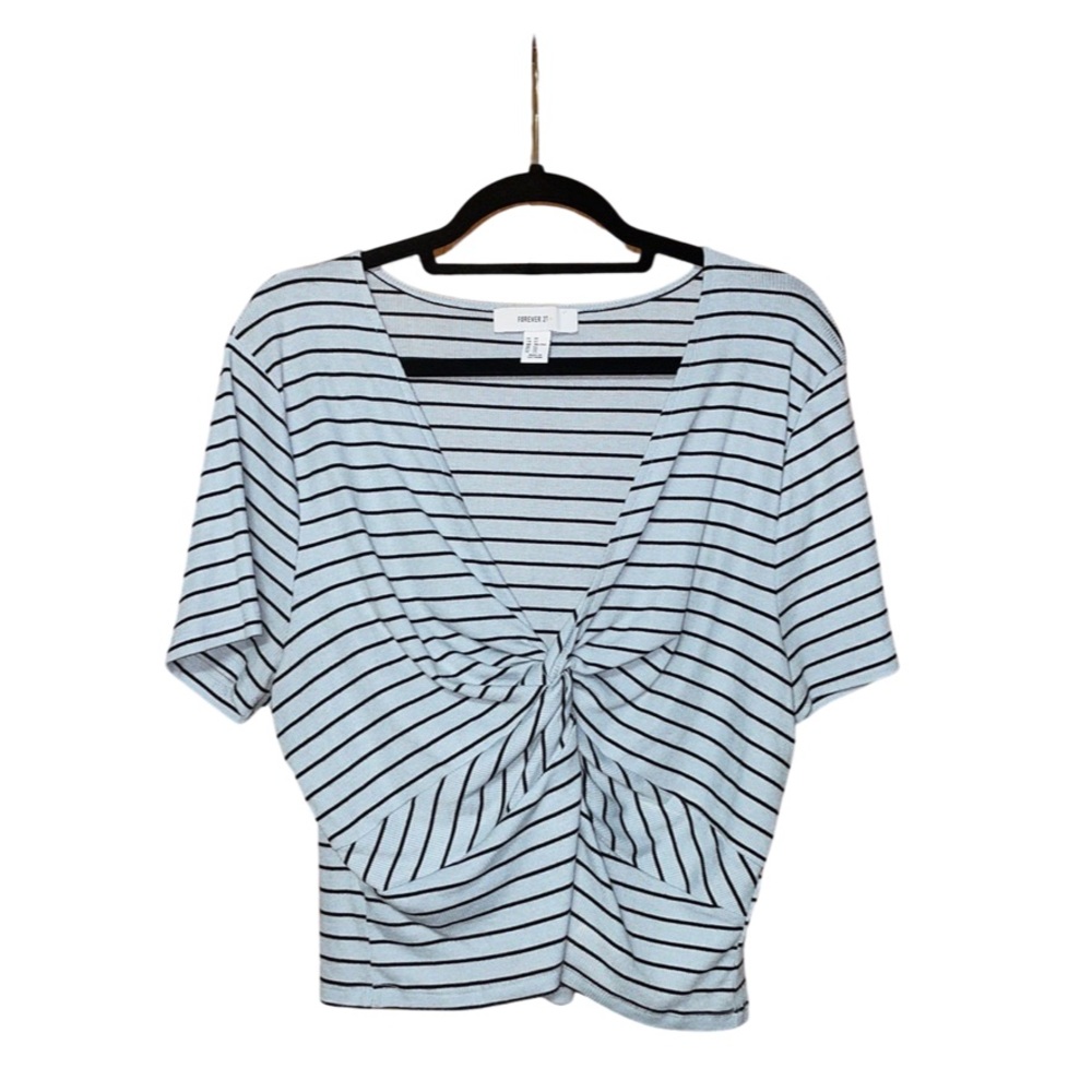 F21 Stripped V Neck Crop Top - Baby Blue & Black - Size 3X